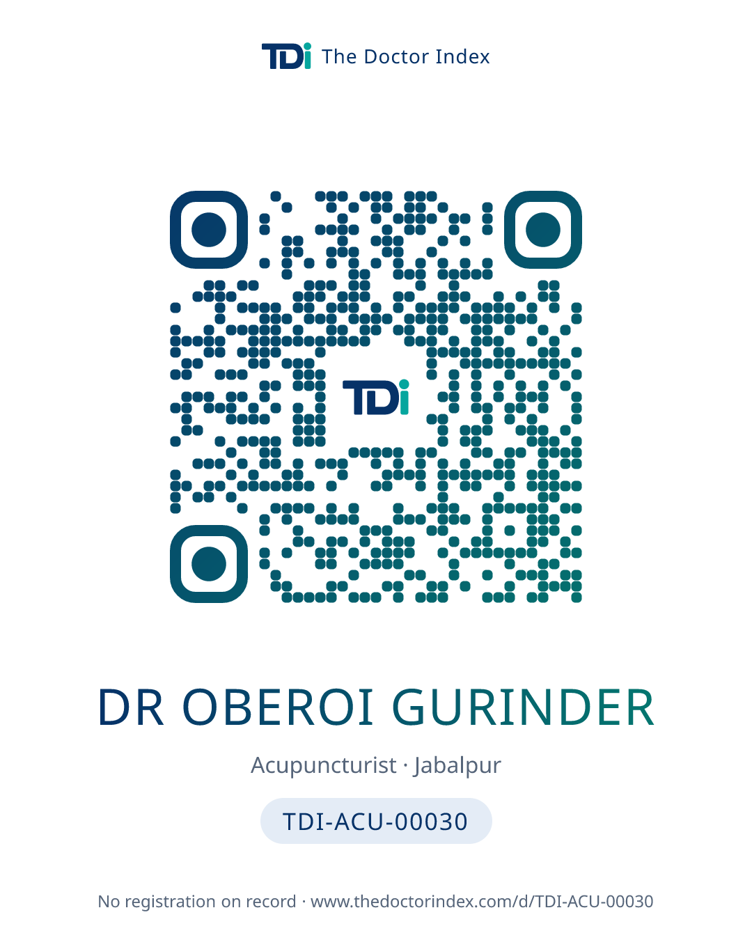 QR card for Dr Oberoi Gurinder, TDI-ACU-00030