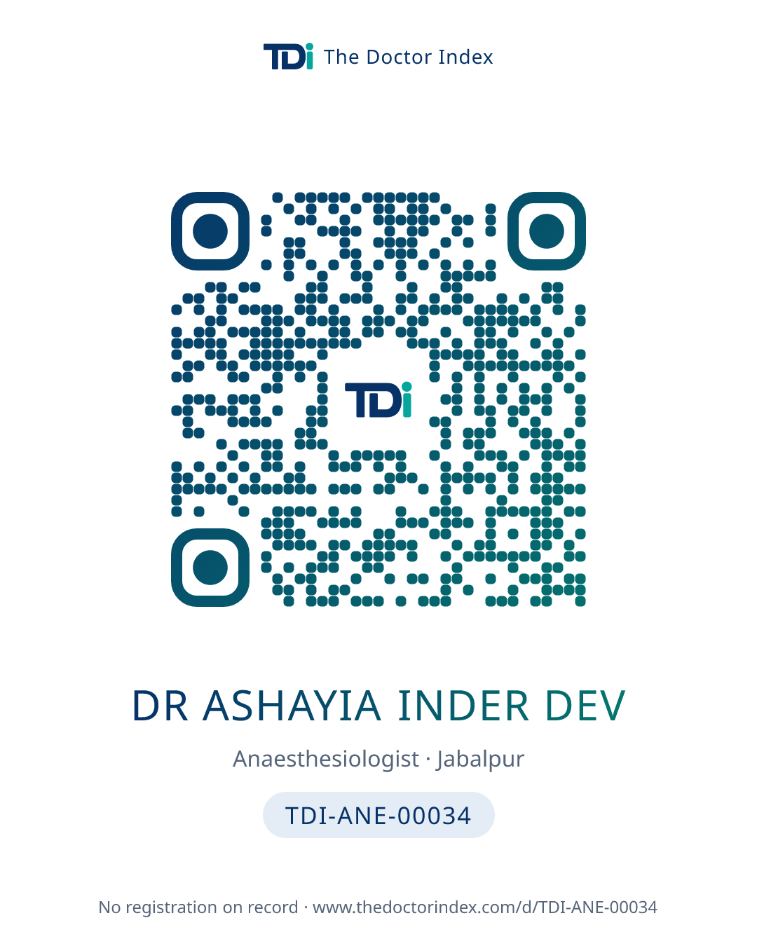 QR card for Dr Ashayia Inder Dev, TDI-ANE-00034