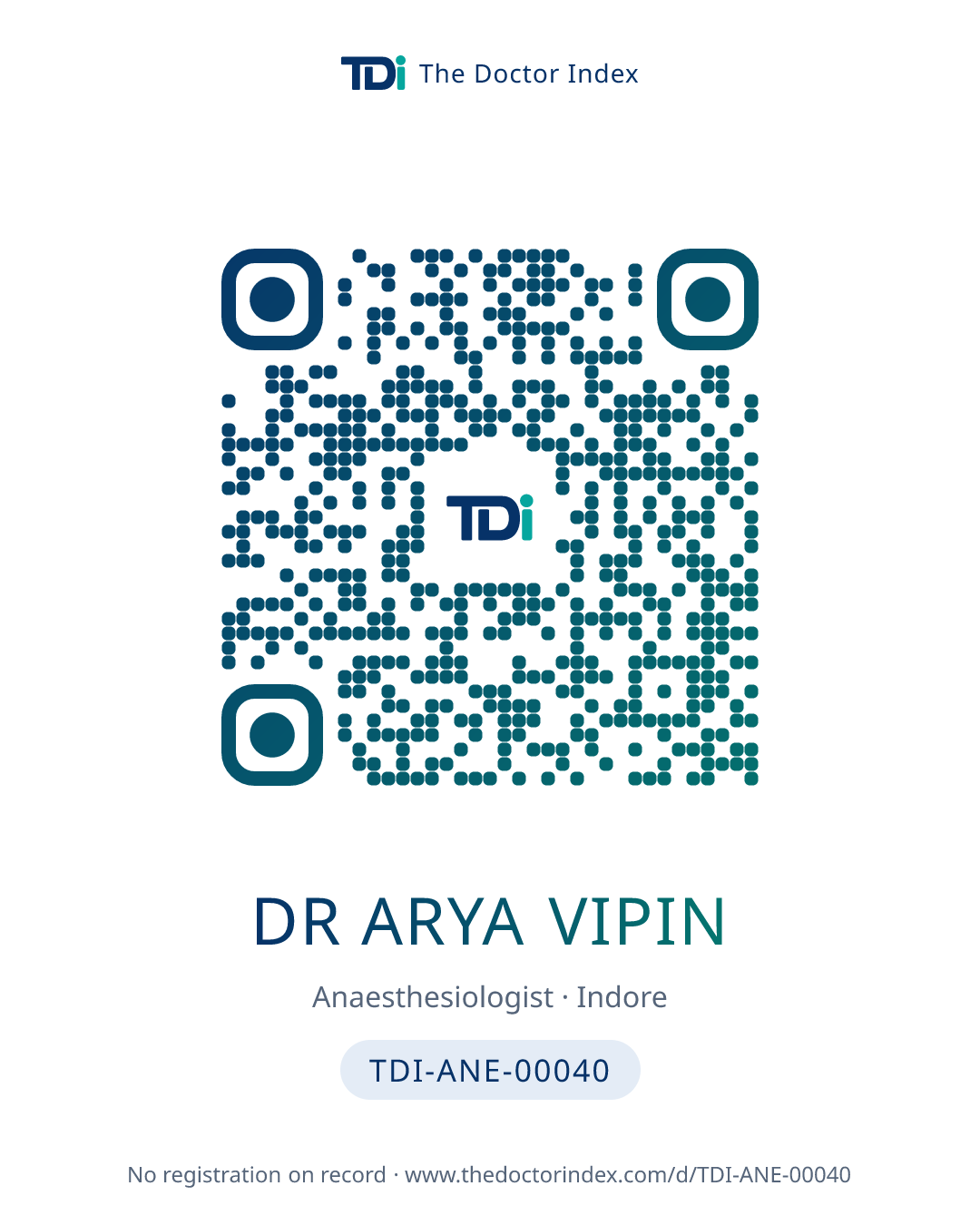 QR card for Dr Arya Vipin, TDI-ANE-00040