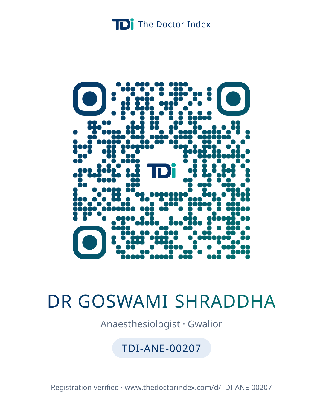 QR card for Dr Goswami Shraddha, TDI-ANE-00207