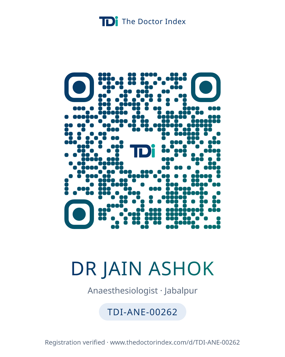 QR card for Dr Jain Ashok, TDI-ANE-00262