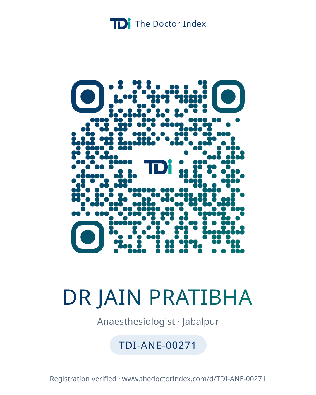 QR card for Dr Jain Pratibha, TDI-ANE-00271