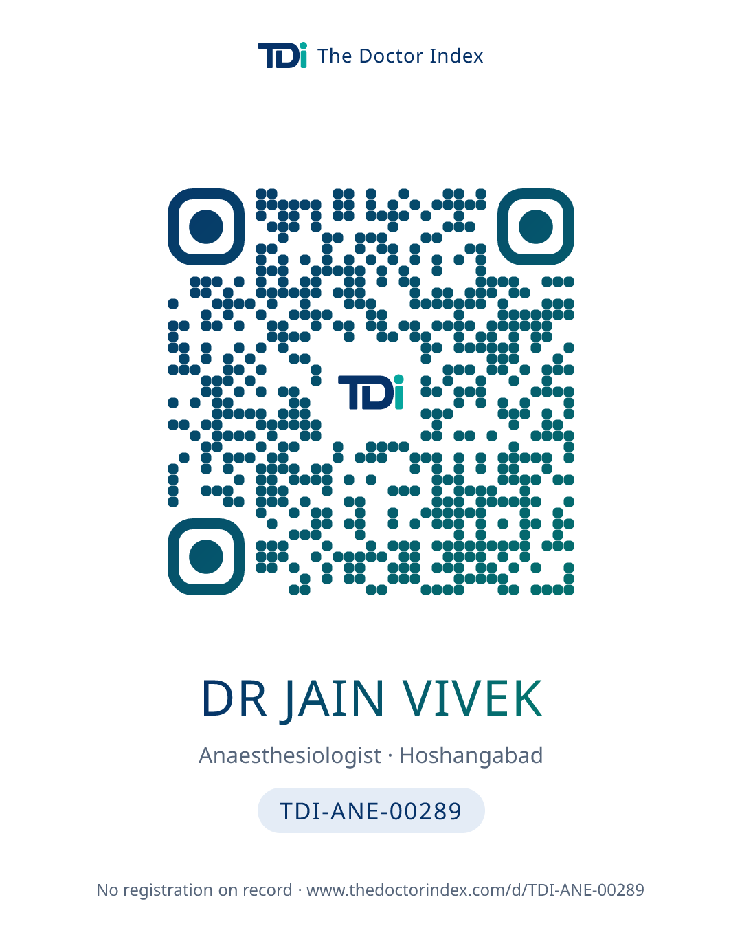 QR card for Dr Jain Vivek, TDI-ANE-00289