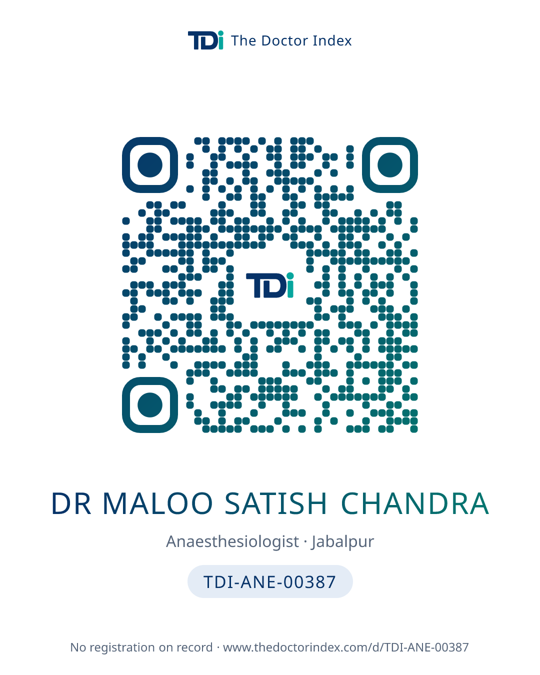 QR card for Dr Maloo Satish Chandra, TDI-ANE-00387