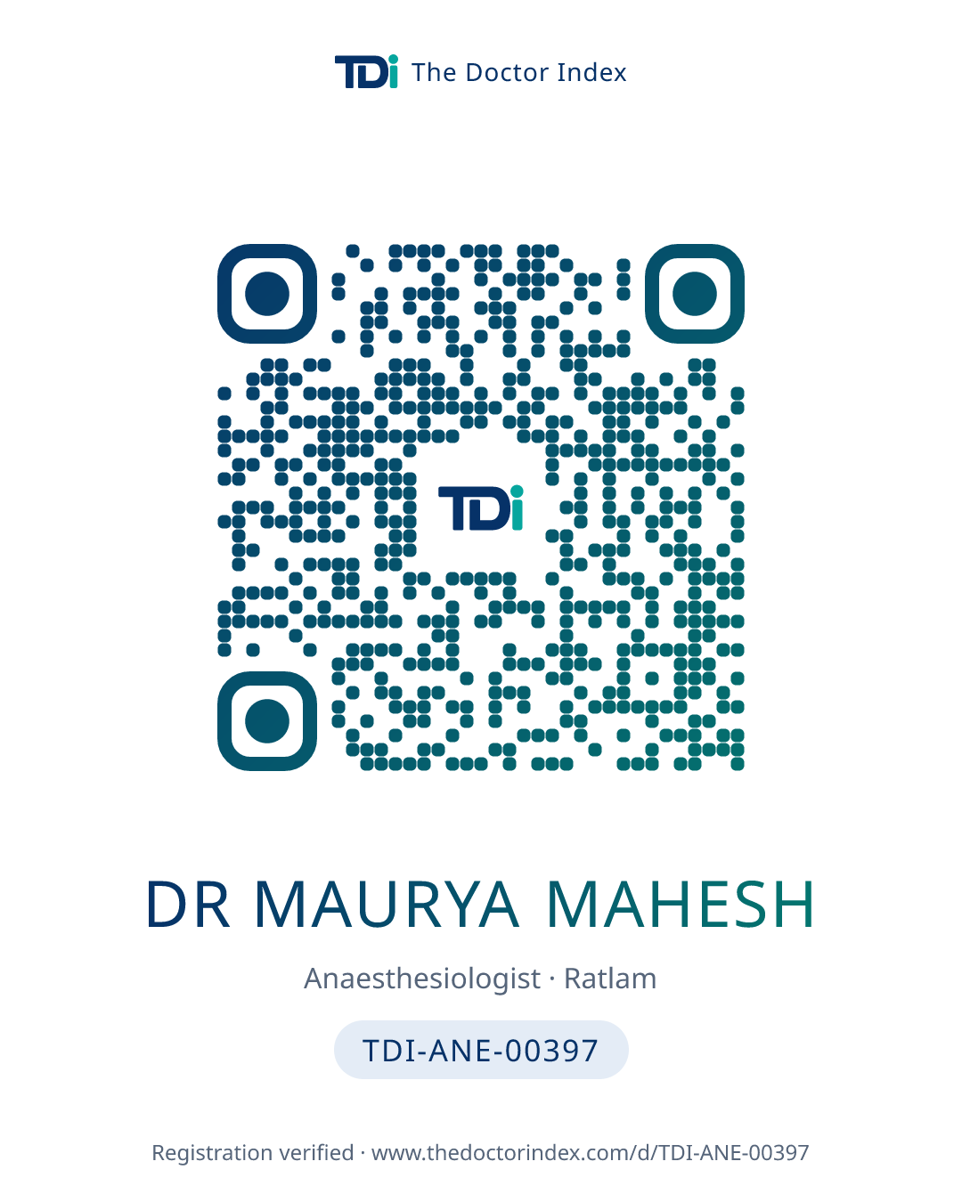 QR card for Dr Maurya Mahesh, TDI-ANE-00397