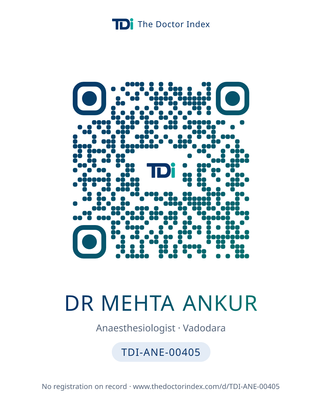 QR card for Dr Mehta Ankur, TDI-ANE-00405