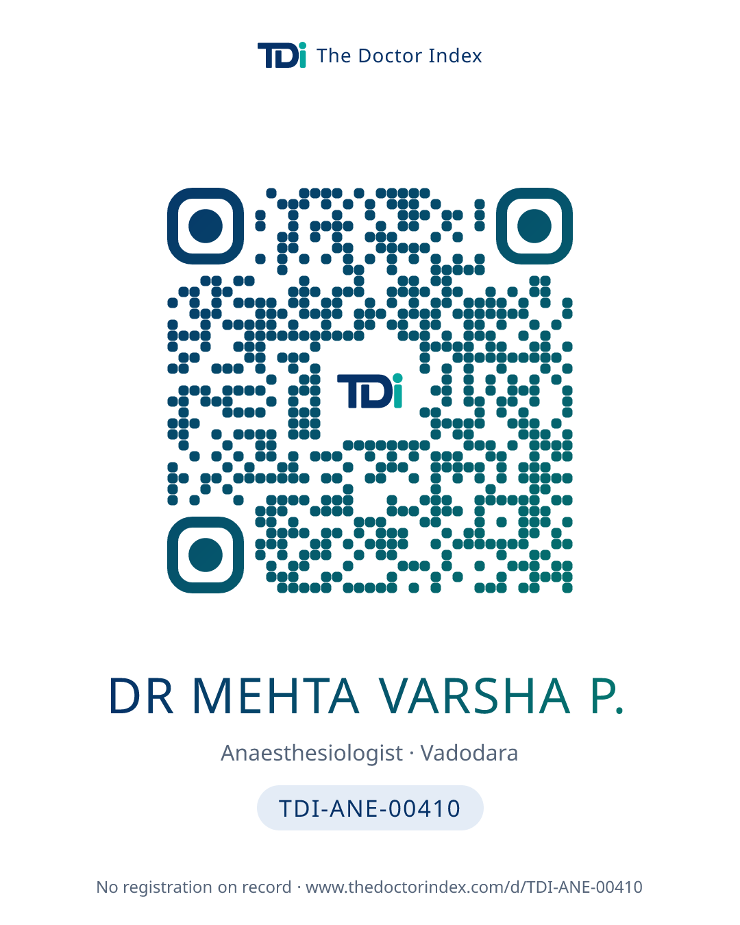 QR card for Dr Mehta Varsha P., TDI-ANE-00410