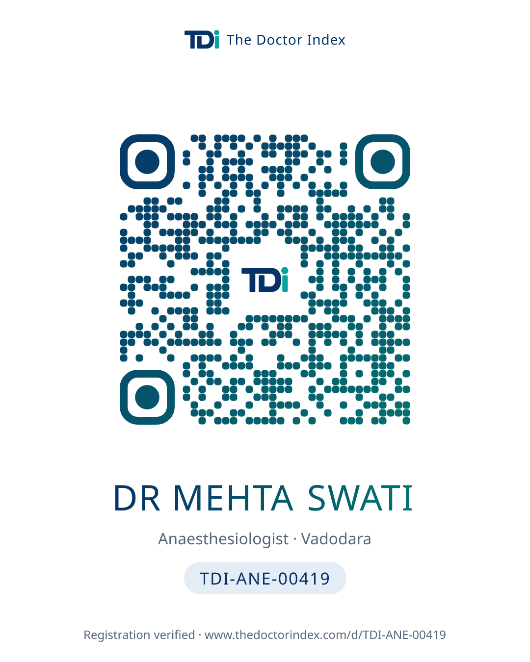 QR card for Dr Mehta Swati, TDI-ANE-00419