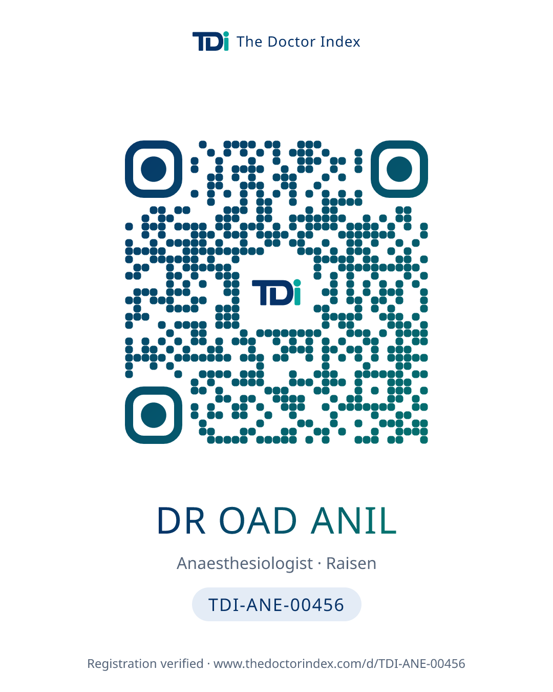 QR card for Dr Oad Anil, TDI-ANE-00456