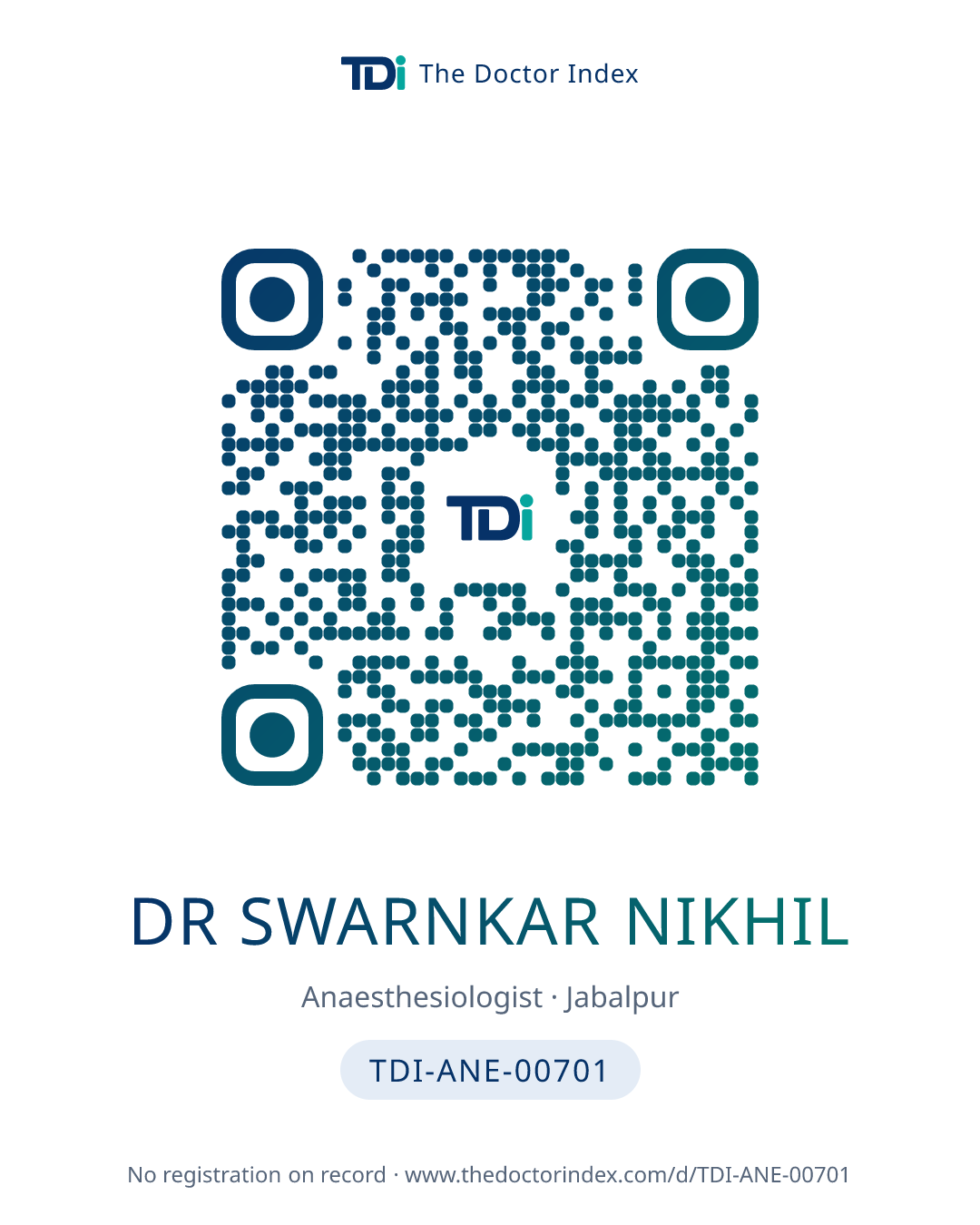 QR card for Dr Swarnkar Nikhil, TDI-ANE-00701