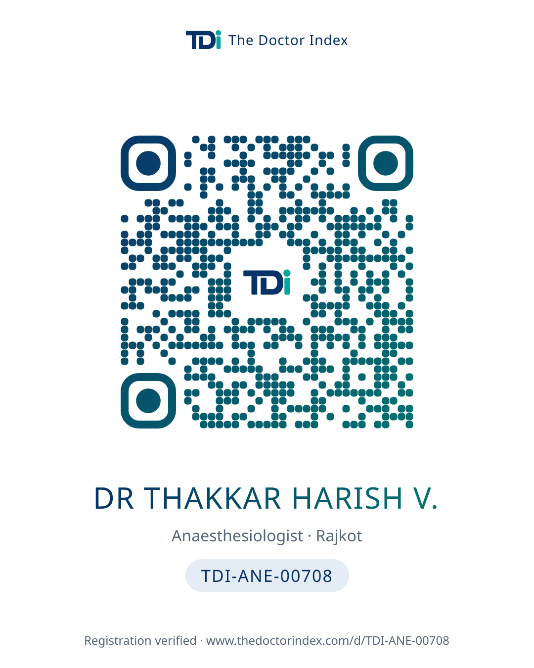 QR card for Dr Thakkar Harish V., TDI-ANE-00708