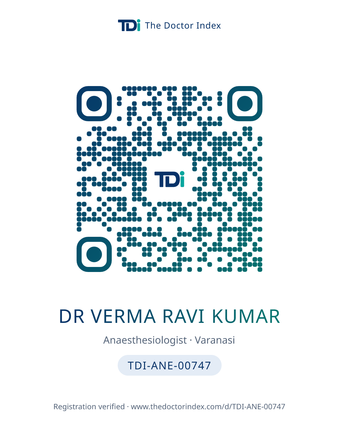 QR card for Dr Verma Ravi Kumar, TDI-ANE-00747