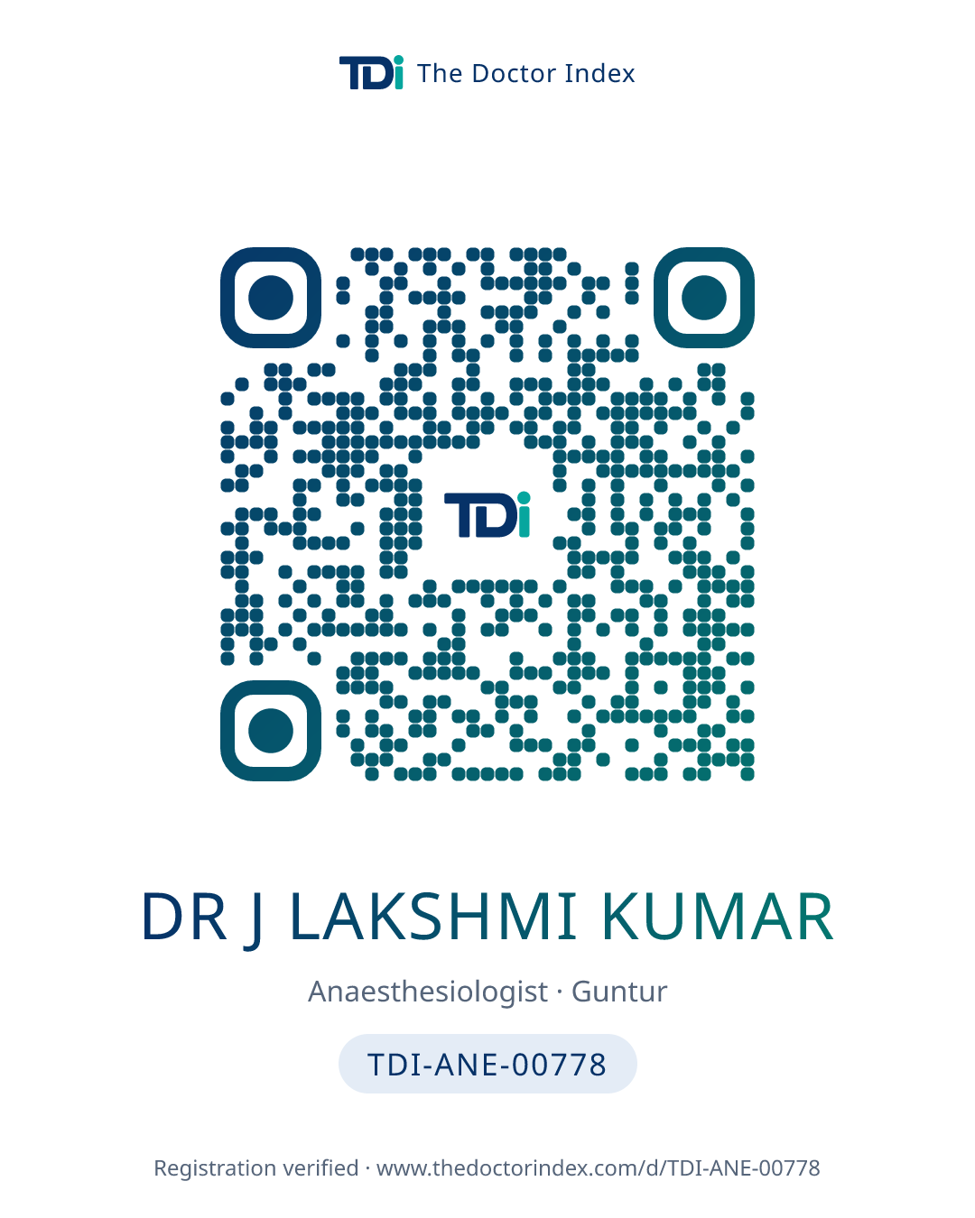 QR card for Dr J Lakshmi Kumar, TDI-ANE-00778