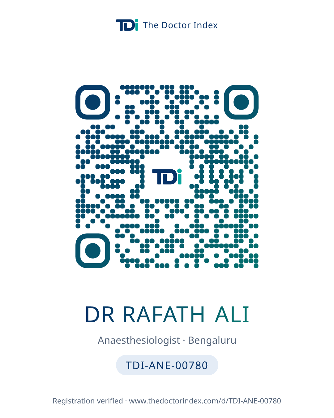 QR card for Dr Rafath Ali, TDI-ANE-00780