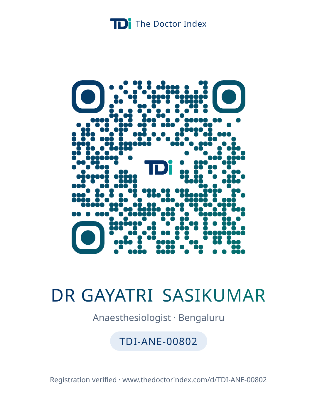 QR card for Dr Gayatri Sasikumar, TDI-ANE-00802