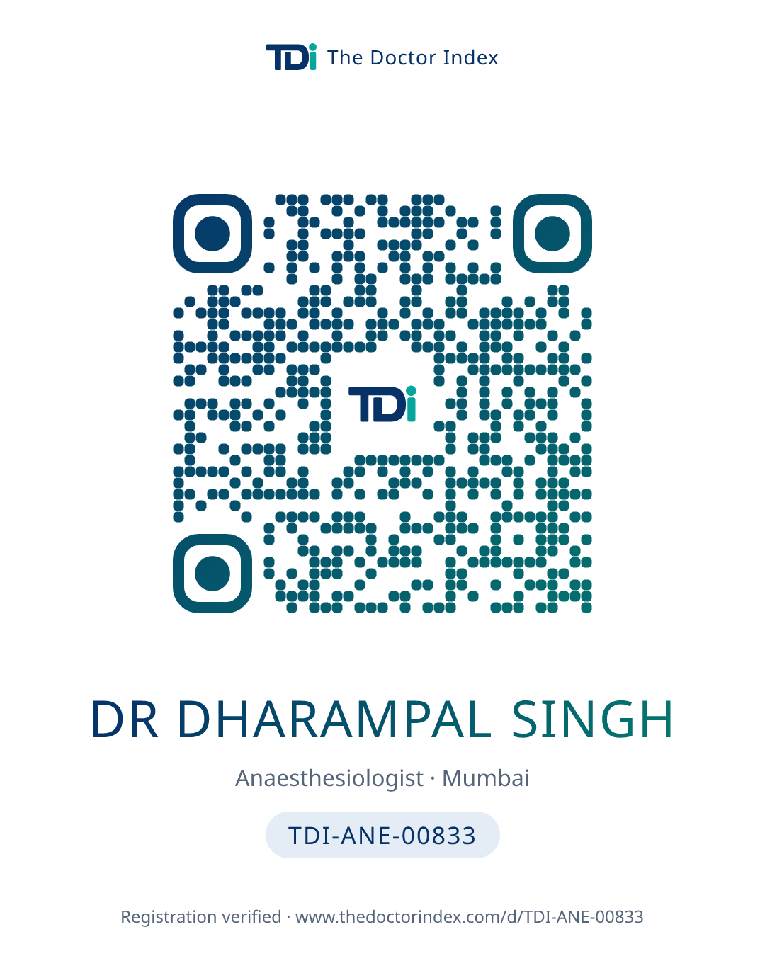 QR card for Dr Dharampal Singh, TDI-ANE-00833