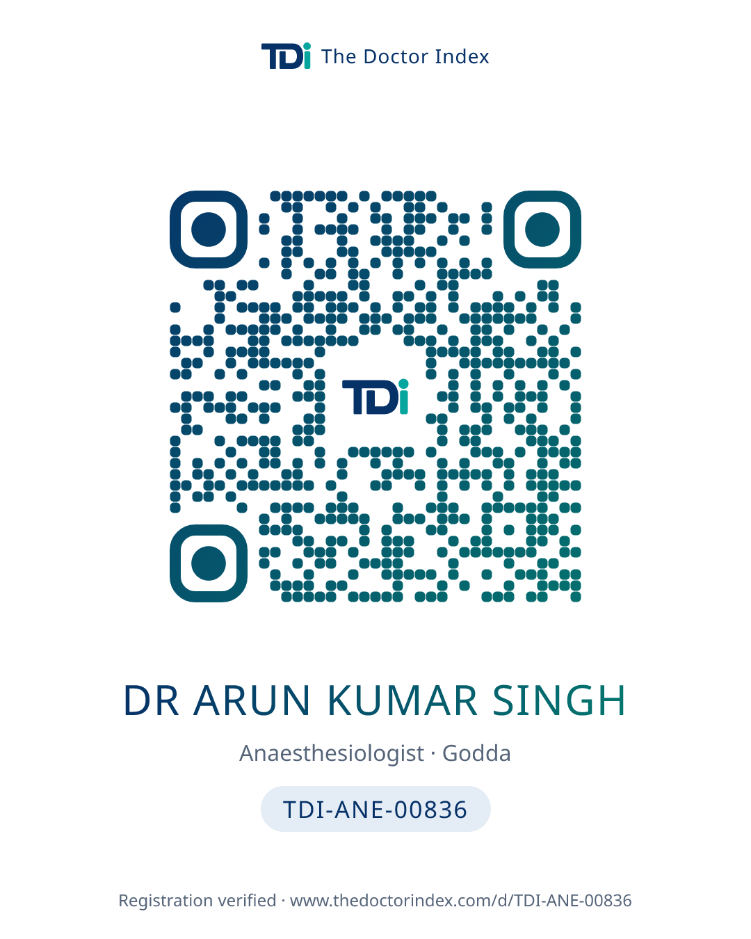 QR card for Dr Arun Kumar Singh, TDI-ANE-00836
