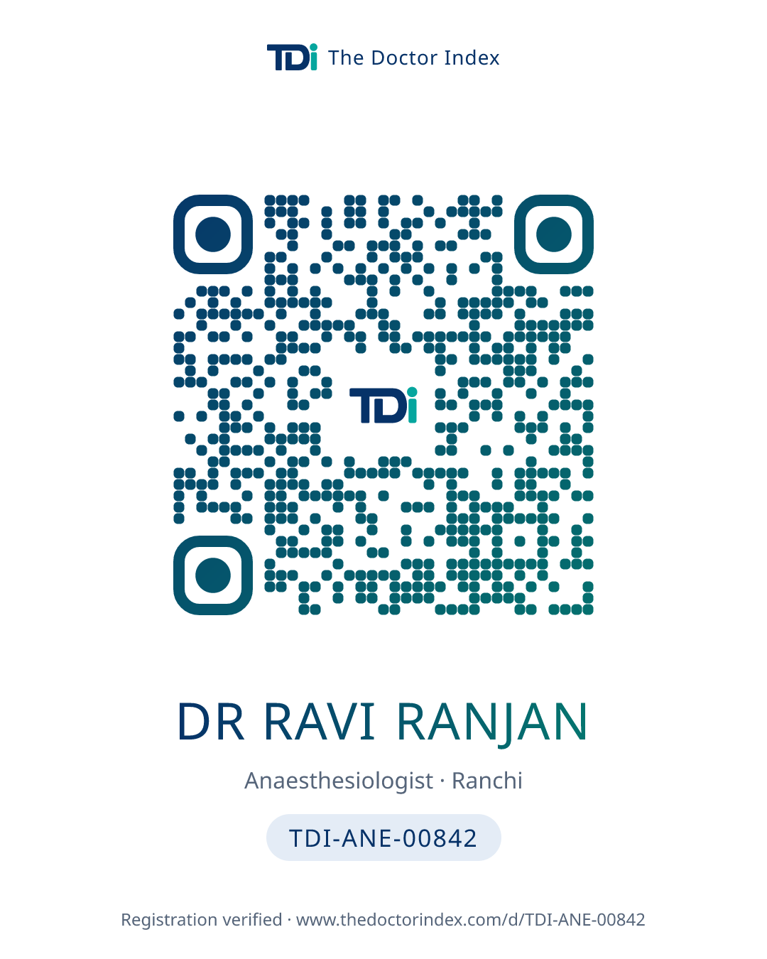 QR card for Dr Ravi Ranjan, TDI-ANE-00842