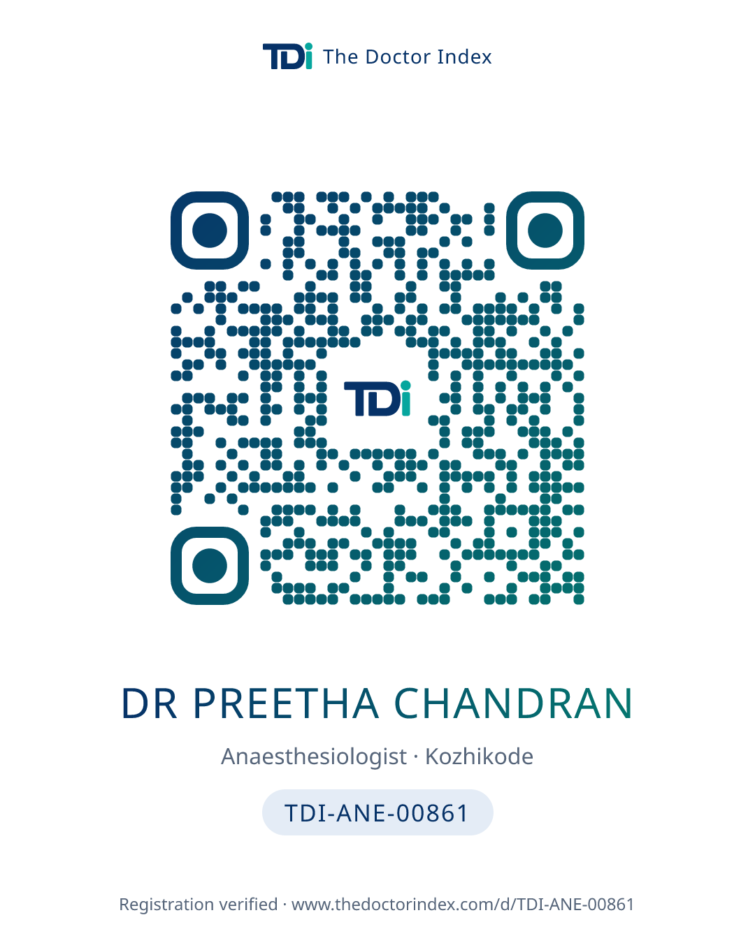 QR card for Dr Preetha Chandran, TDI-ANE-00861