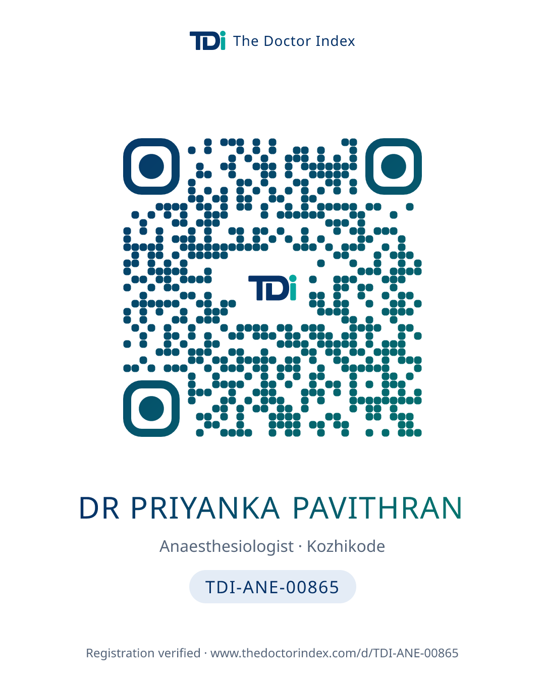 QR card for Dr Priyanka Pavithran, TDI-ANE-00865
