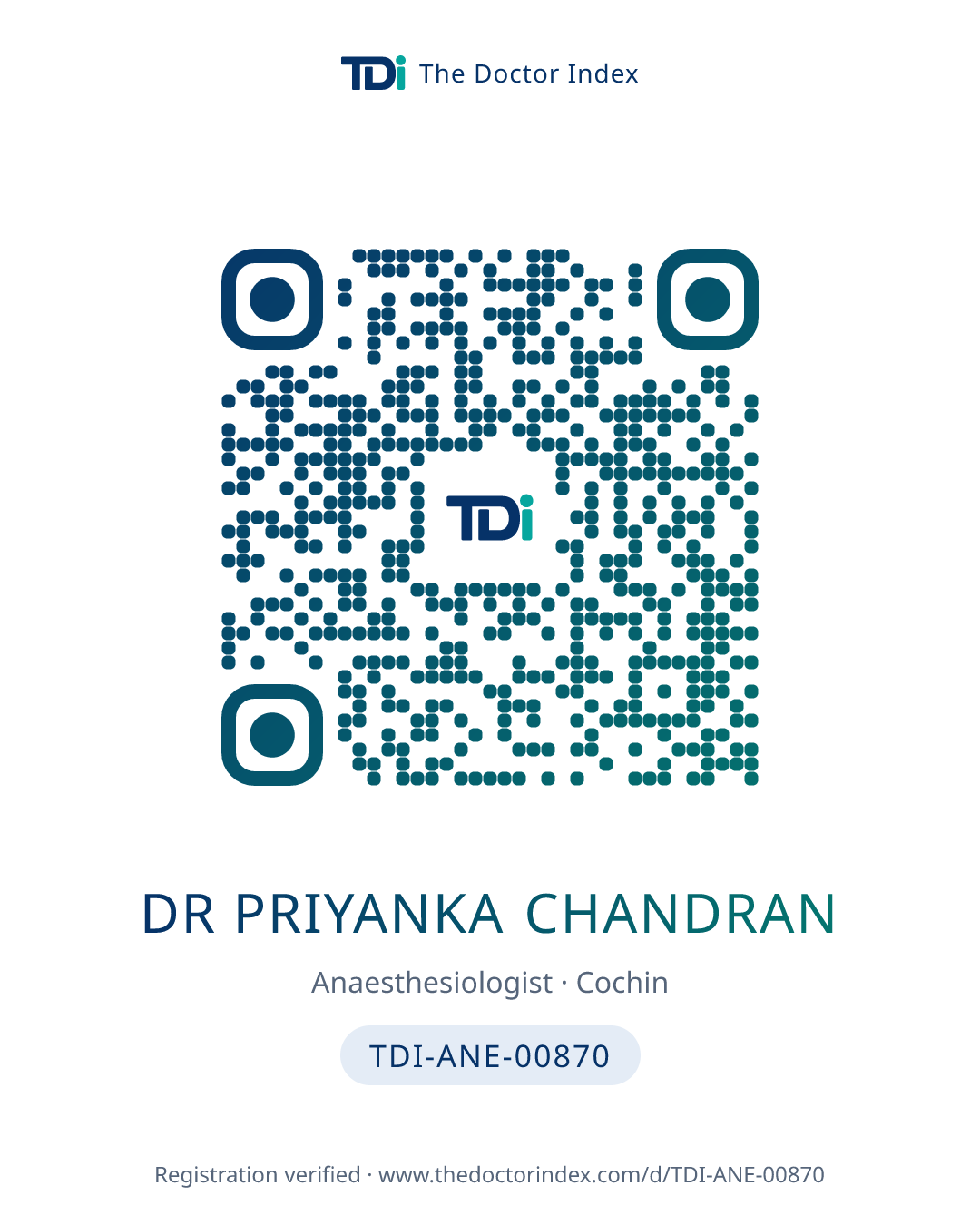 QR card for Dr Priyanka Chandran, TDI-ANE-00870
