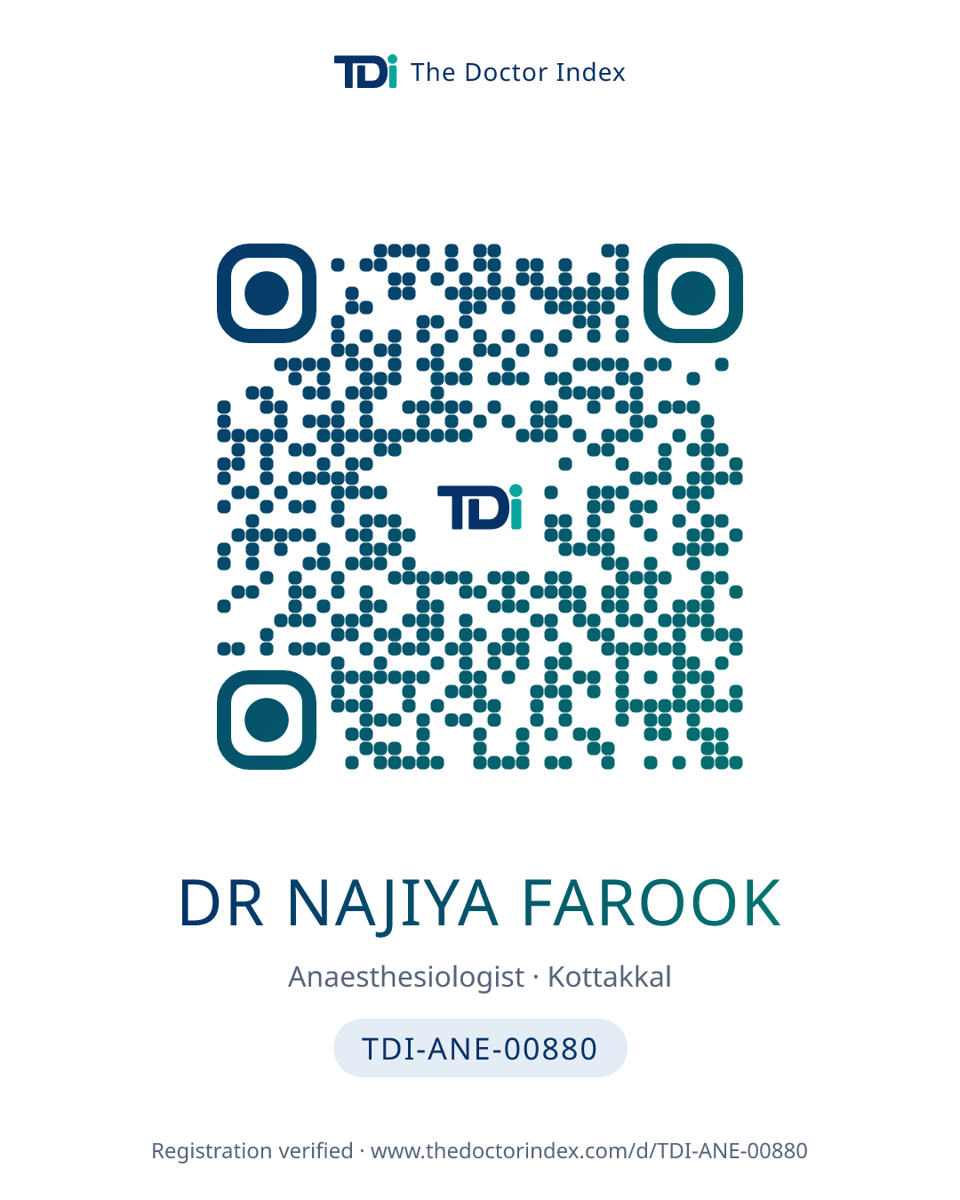 QR card for Dr Najiya Farook, TDI-ANE-00880
