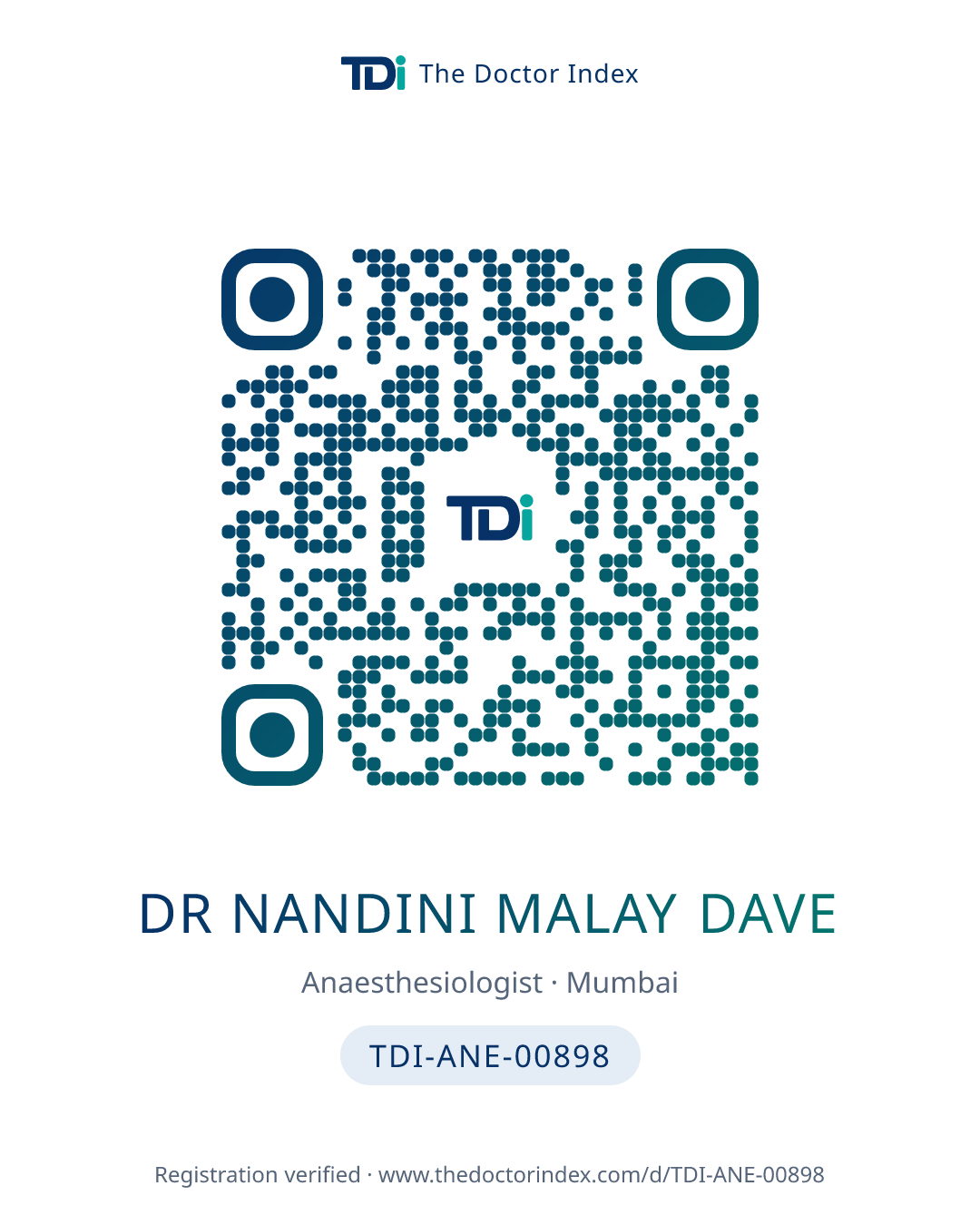 QR card for Dr Nandini Malay Dave, TDI-ANE-00898