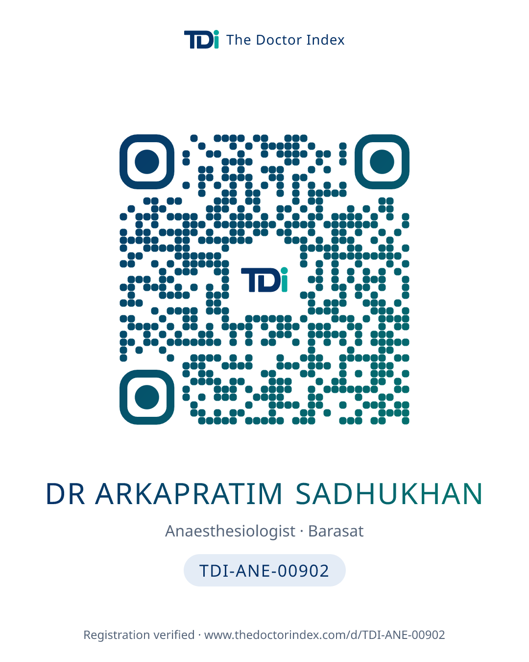 QR card for Dr Arkapratim Sadhukhan, TDI-ANE-00902