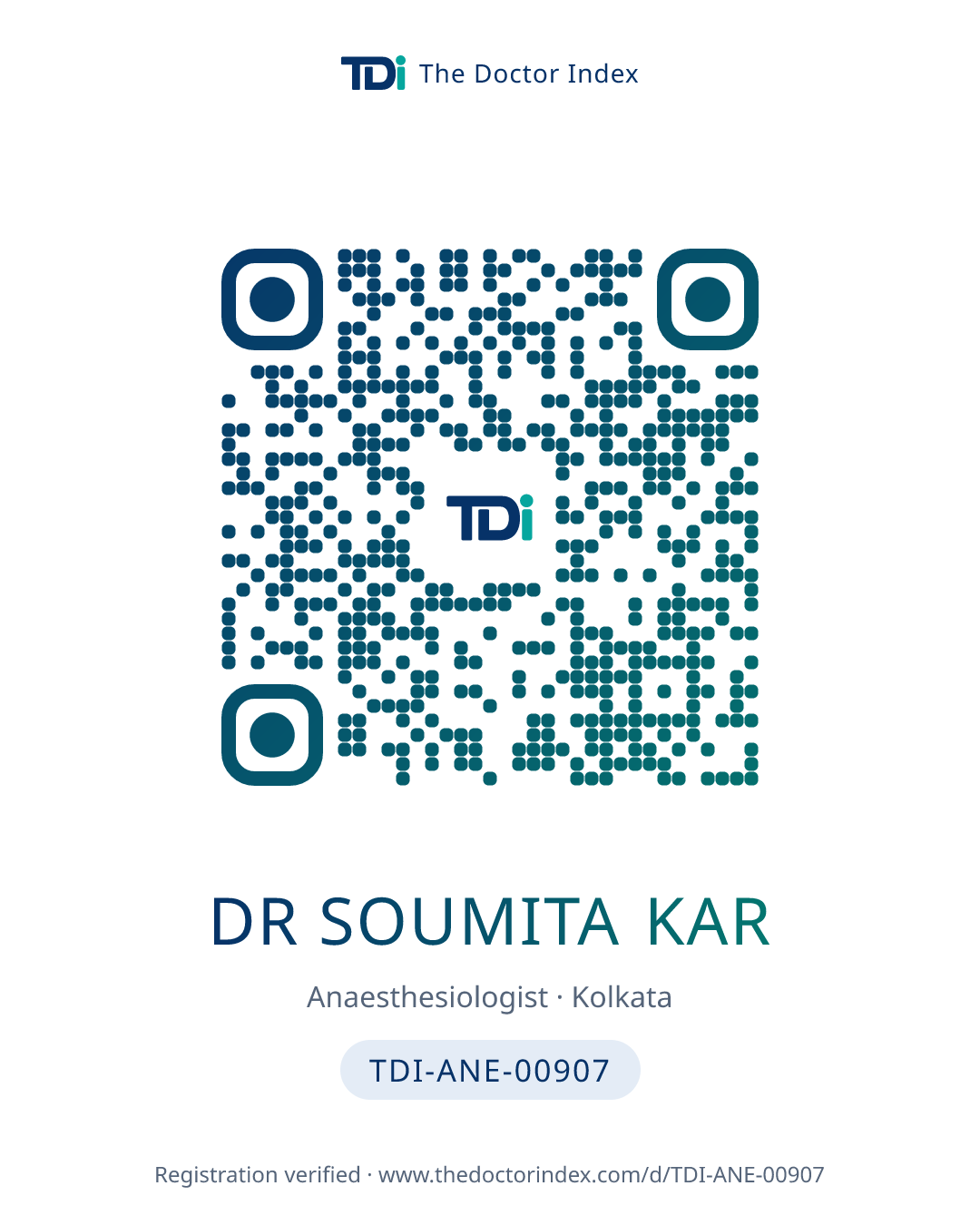 QR card for Dr Soumita Kar, TDI-ANE-00907