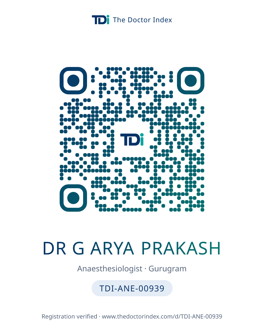 QR card for Dr G Arya Prakash, TDI-ANE-00939