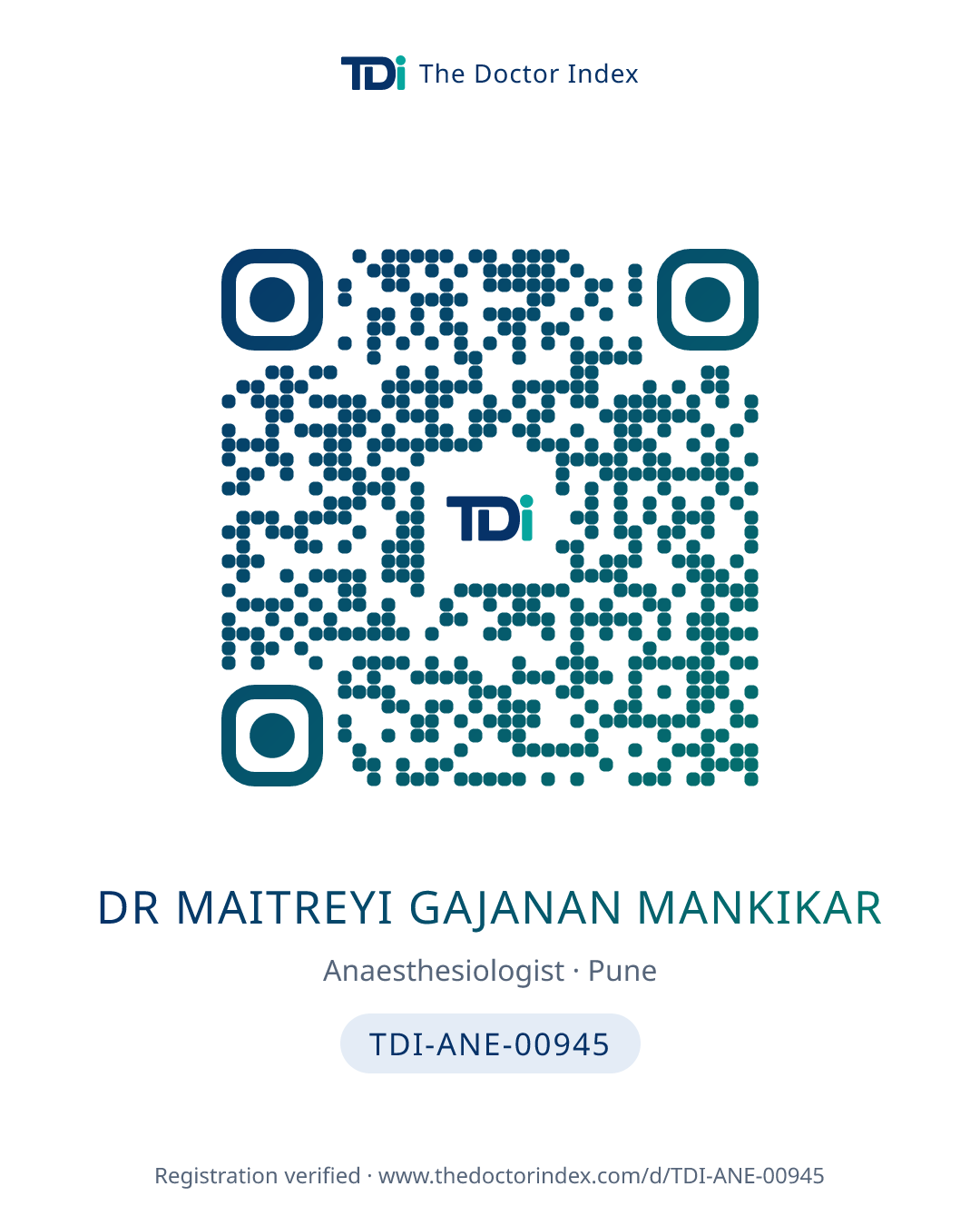 QR card for Dr Maitreyi Gajanan Mankikar, TDI-ANE-00945