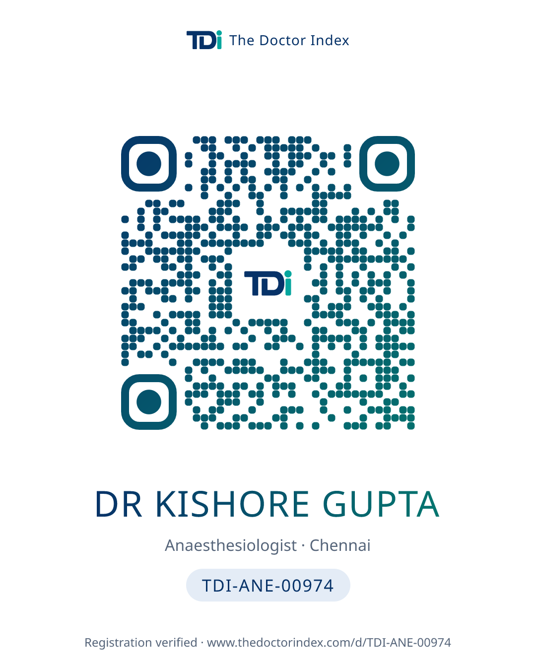 QR card for Dr Kishore Gupta, TDI-ANE-00974