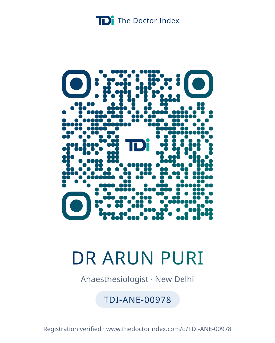 QR card for Dr Arun Puri, TDI-ANE-00978