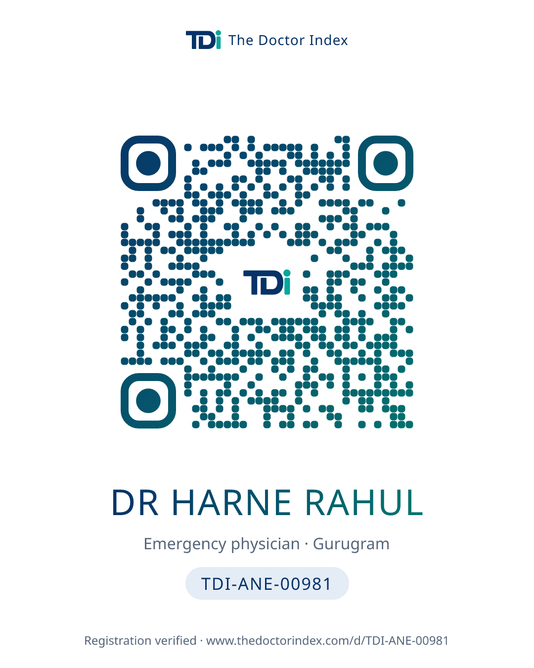 QR card for Dr Harne Rahul, TDI-ANE-00981