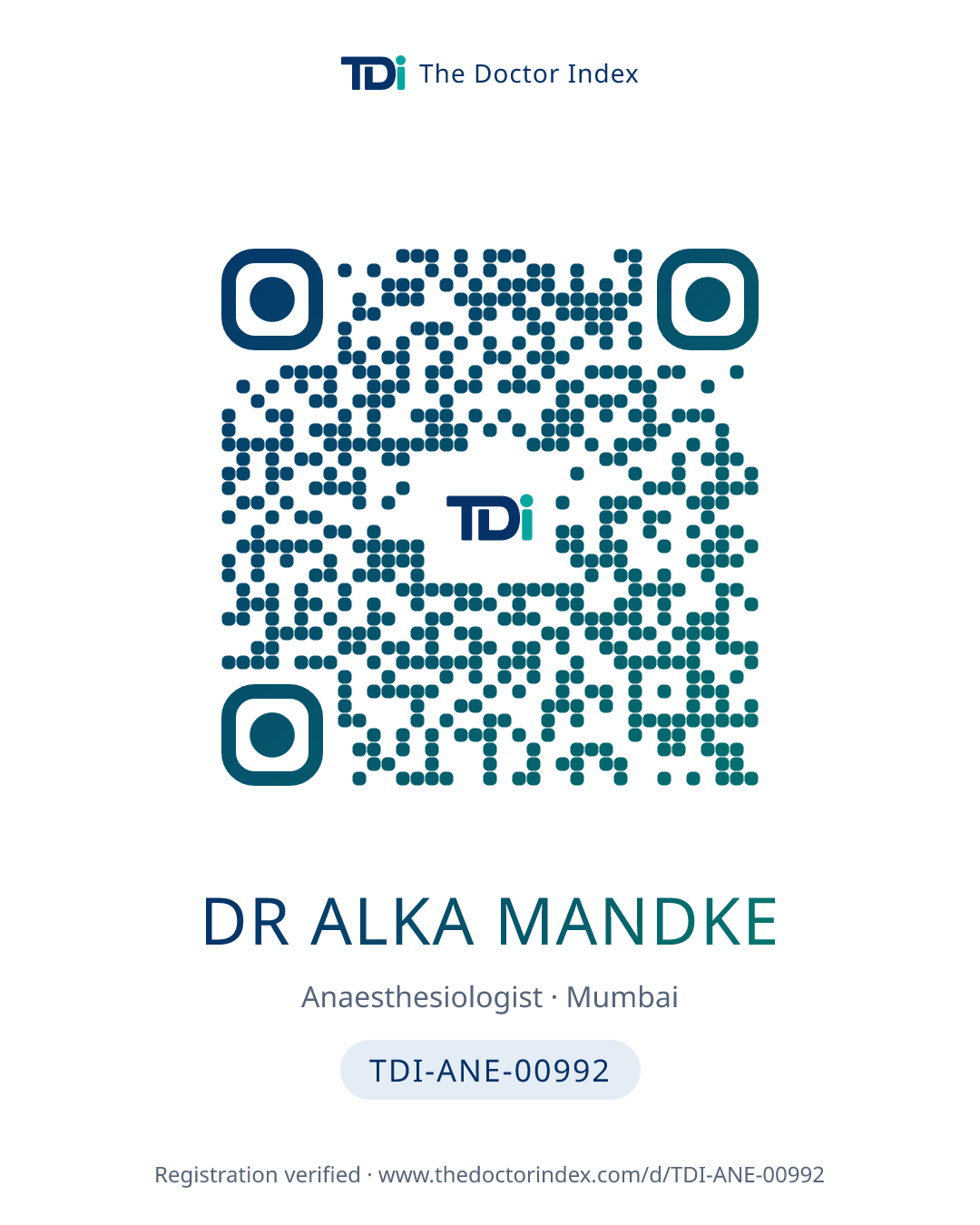 QR card for Dr Alka Mandke, TDI-ANE-00992