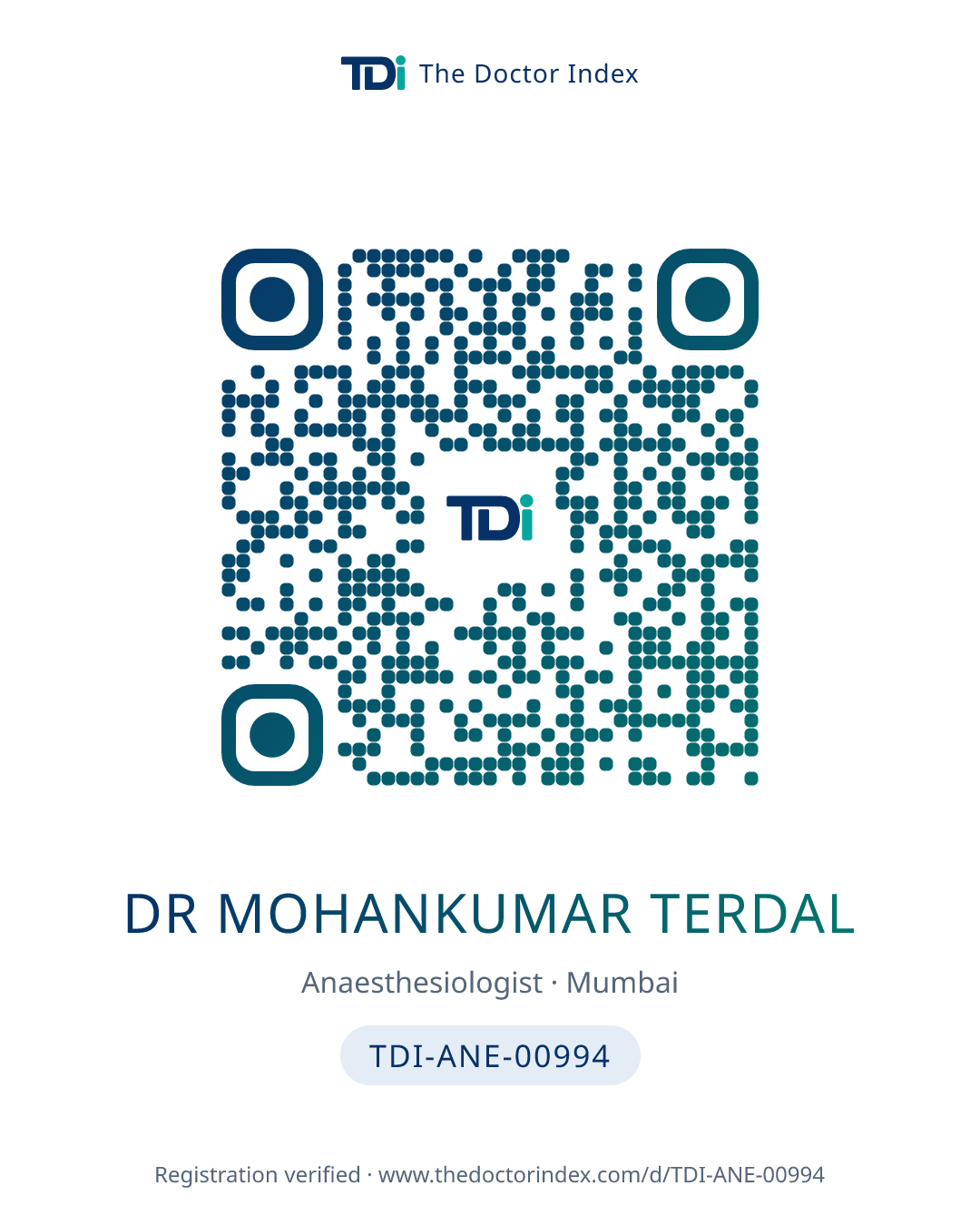 QR card for Dr Mohankumar Terdal, TDI-ANE-00994