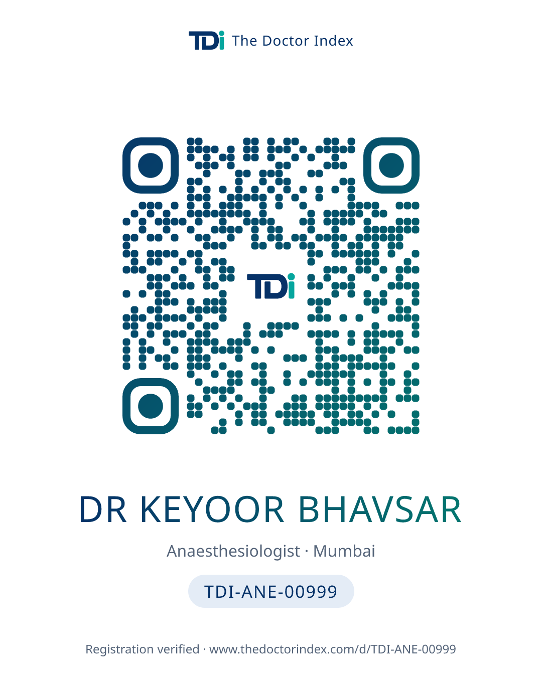 QR card for Dr Keyoor Bhavsar, TDI-ANE-00999