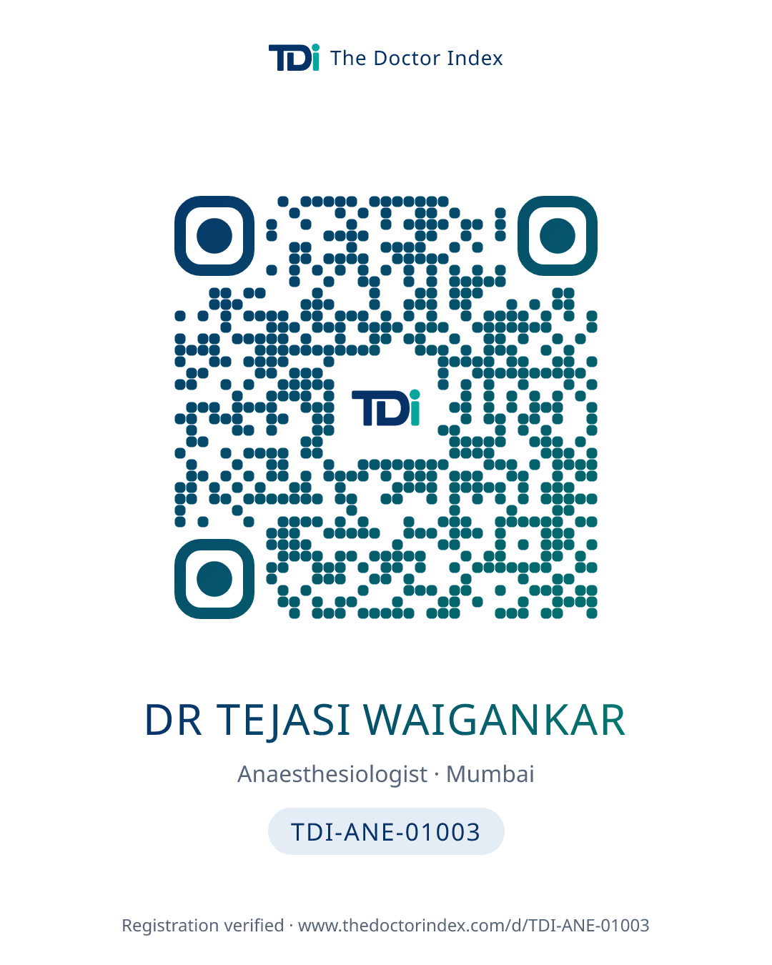 QR card for Dr Tejasi Waigankar, TDI-ANE-01003