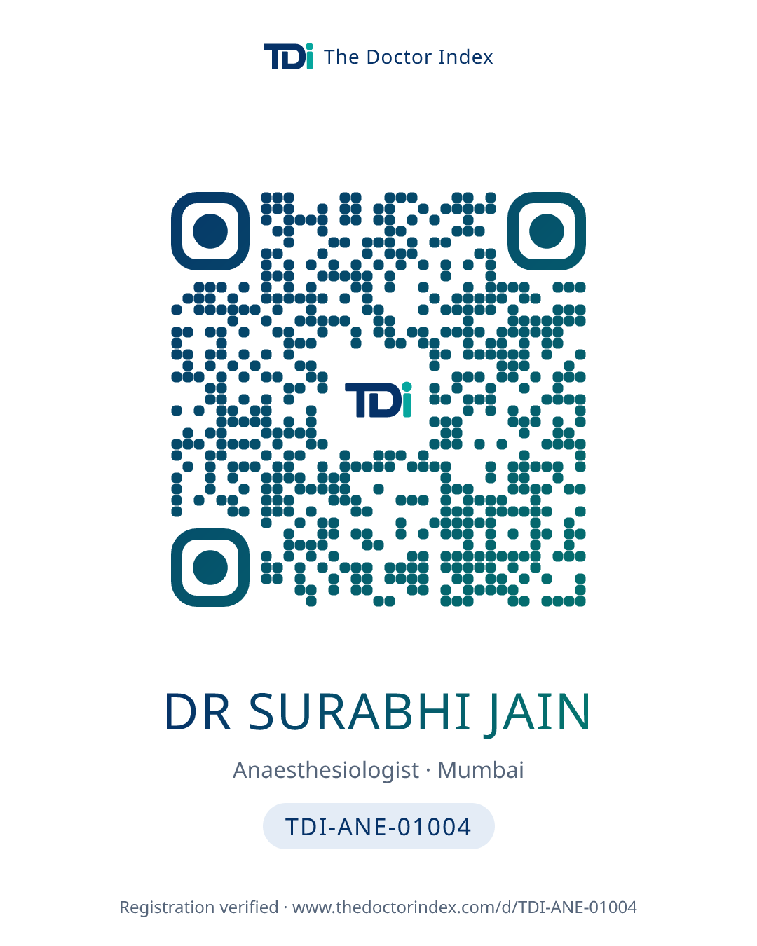 QR card for Dr Surabhi Jain, TDI-ANE-01004