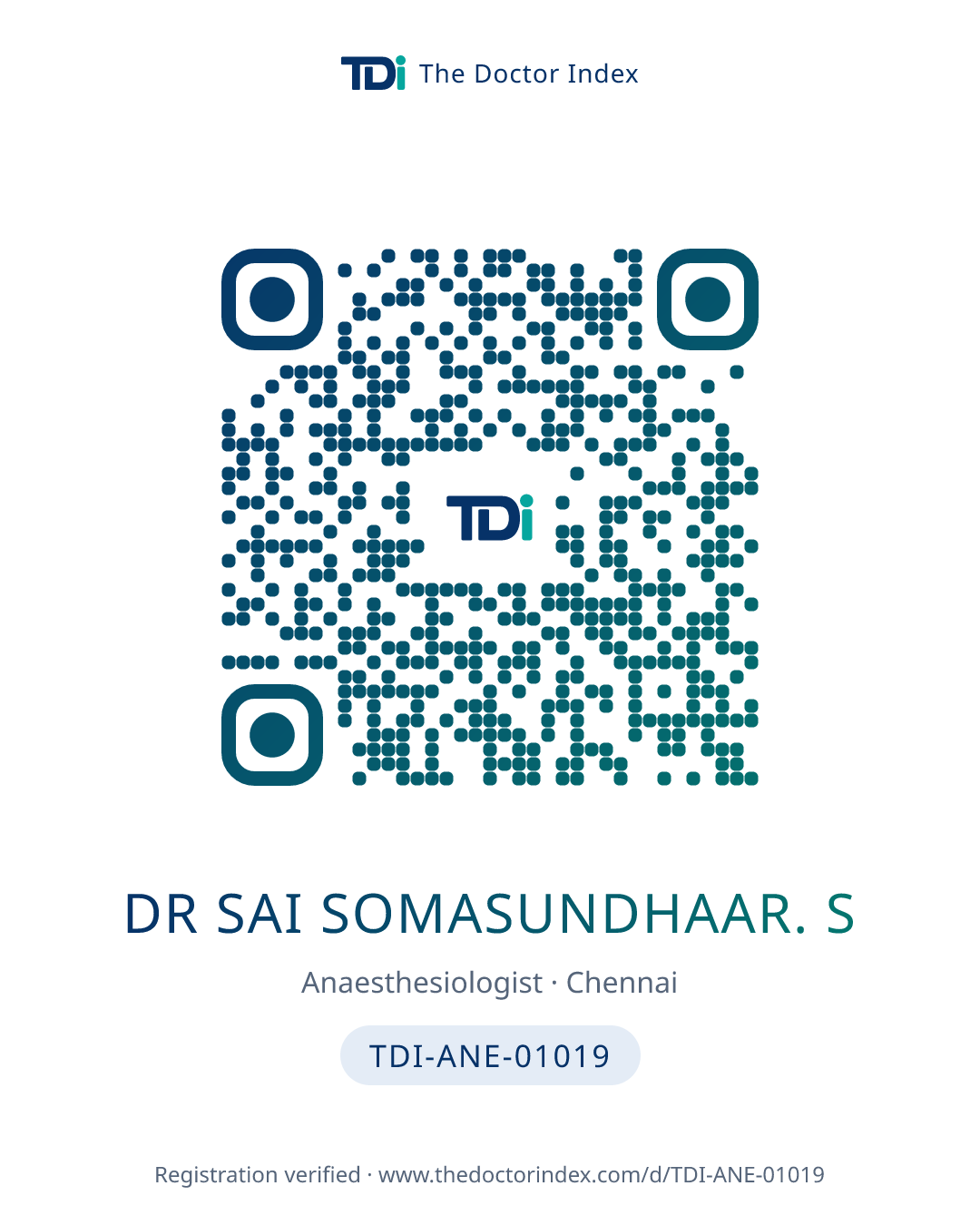QR card for Dr Sai Somasundhaar. S, TDI-ANE-01019