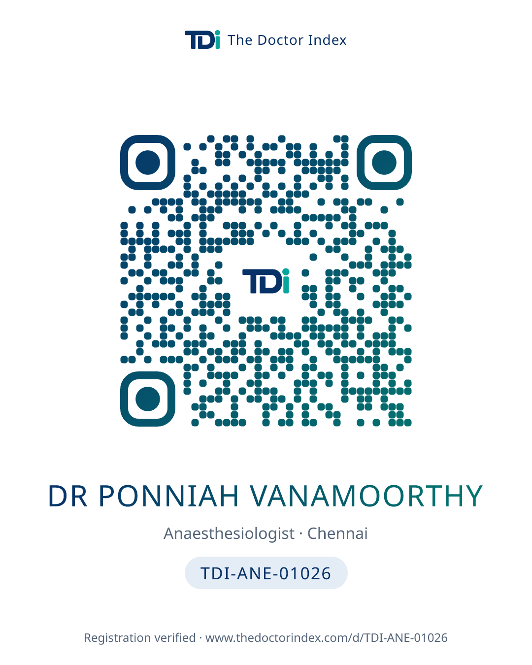 QR card for Dr Ponniah Vanamoorthy, TDI-ANE-01026