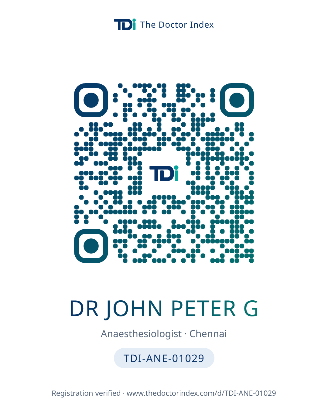 QR card for Dr John Peter G, TDI-ANE-01029