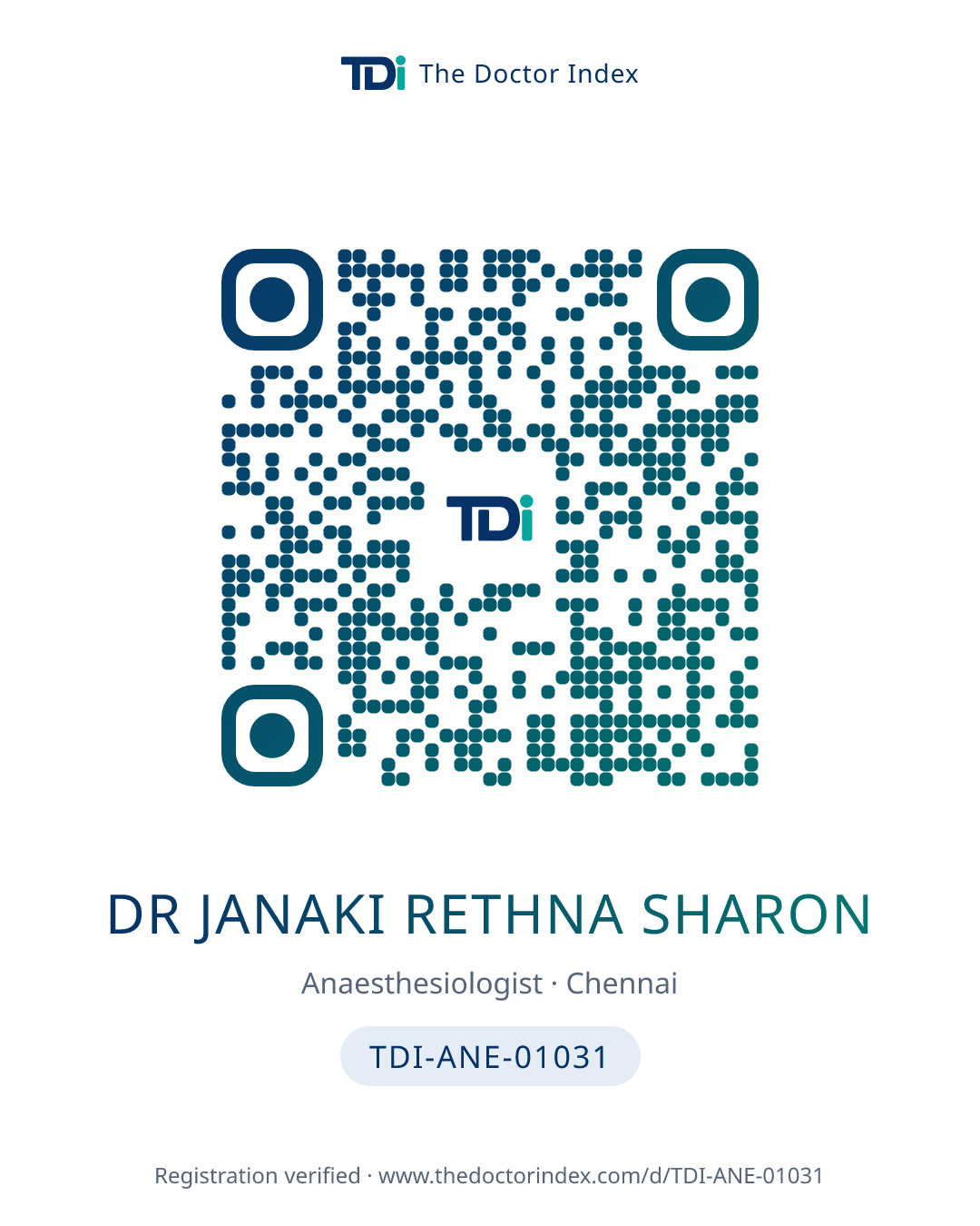 QR card for Dr Janaki Rethna Sharon, TDI-ANE-01031