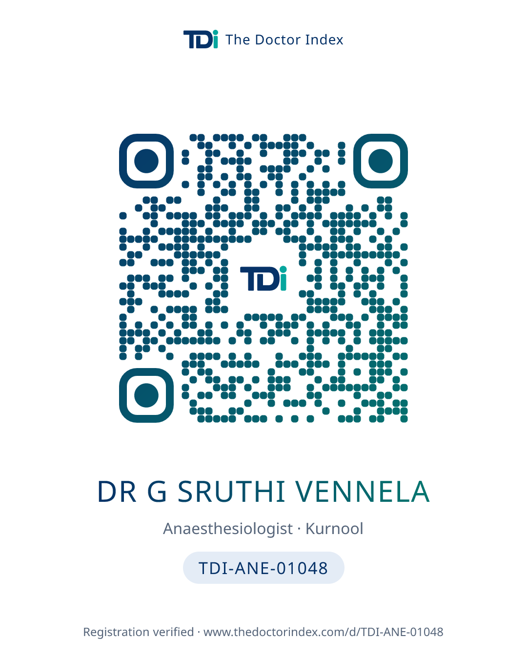 QR card for Dr G Sruthi Vennela, TDI-ANE-01048