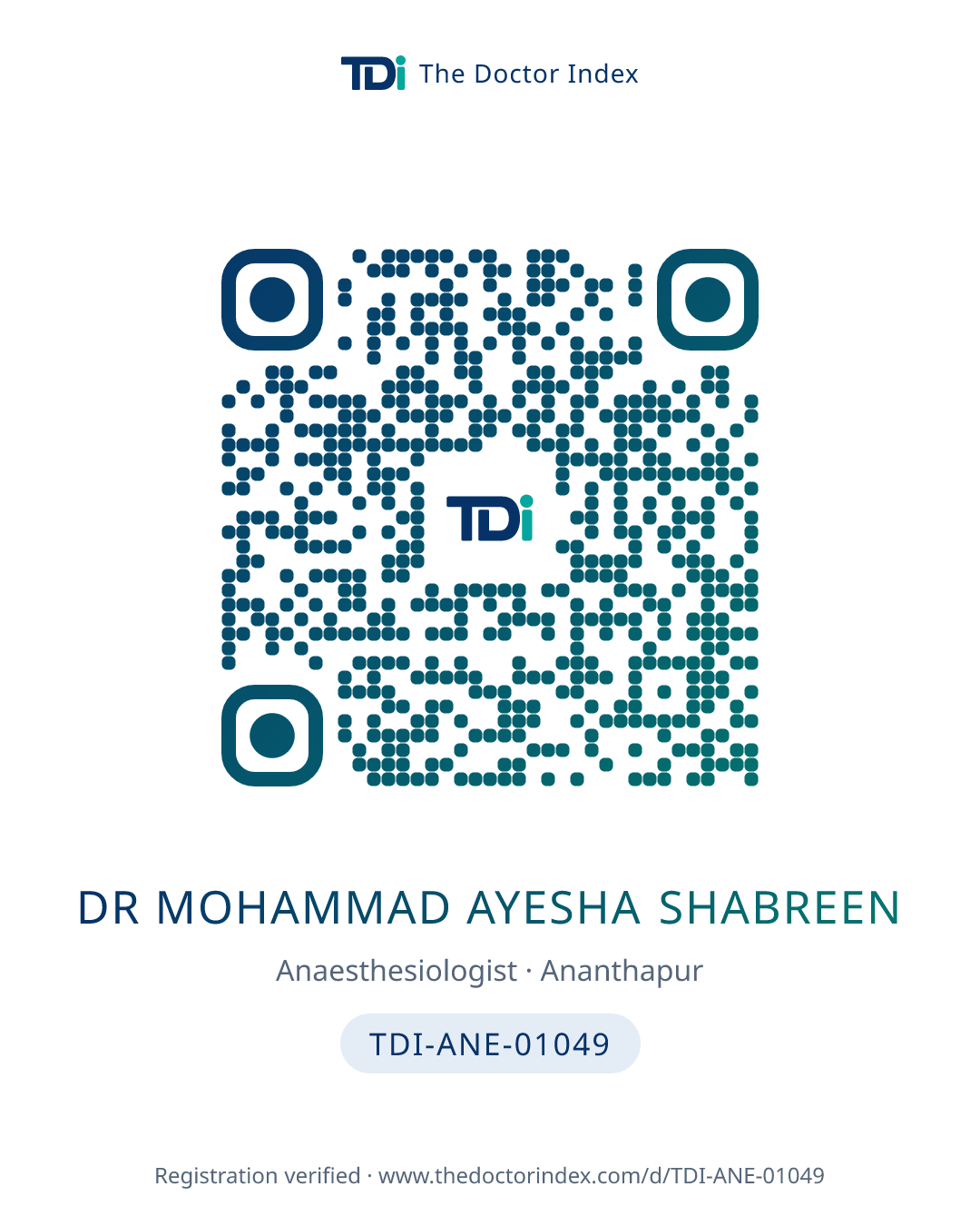 QR card for Dr Mohammad Ayesha Shabreen, TDI-ANE-01049