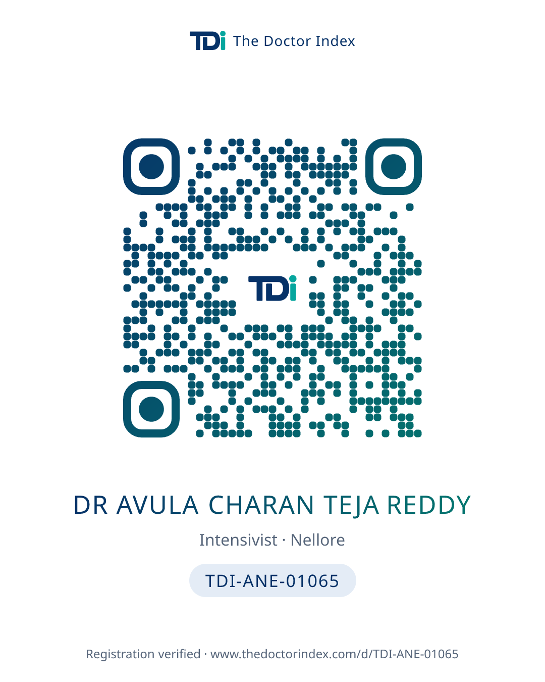 QR card for Dr Avula Charan Teja Reddy, TDI-ANE-01065