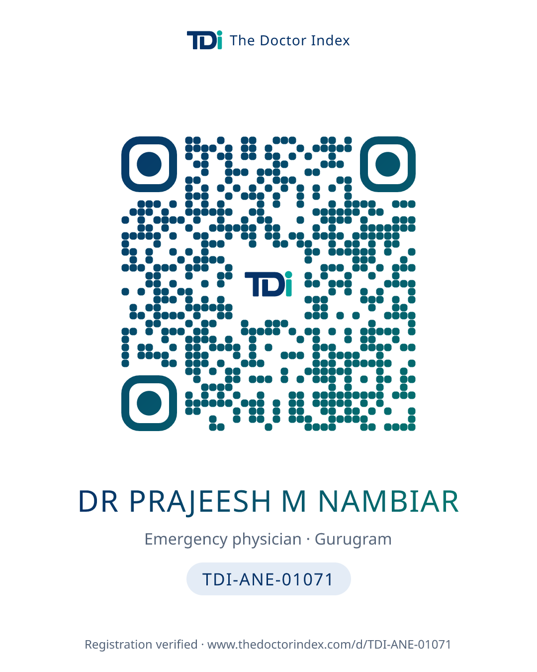QR card for Dr Prajeesh M Nambiar, TDI-ANE-01071