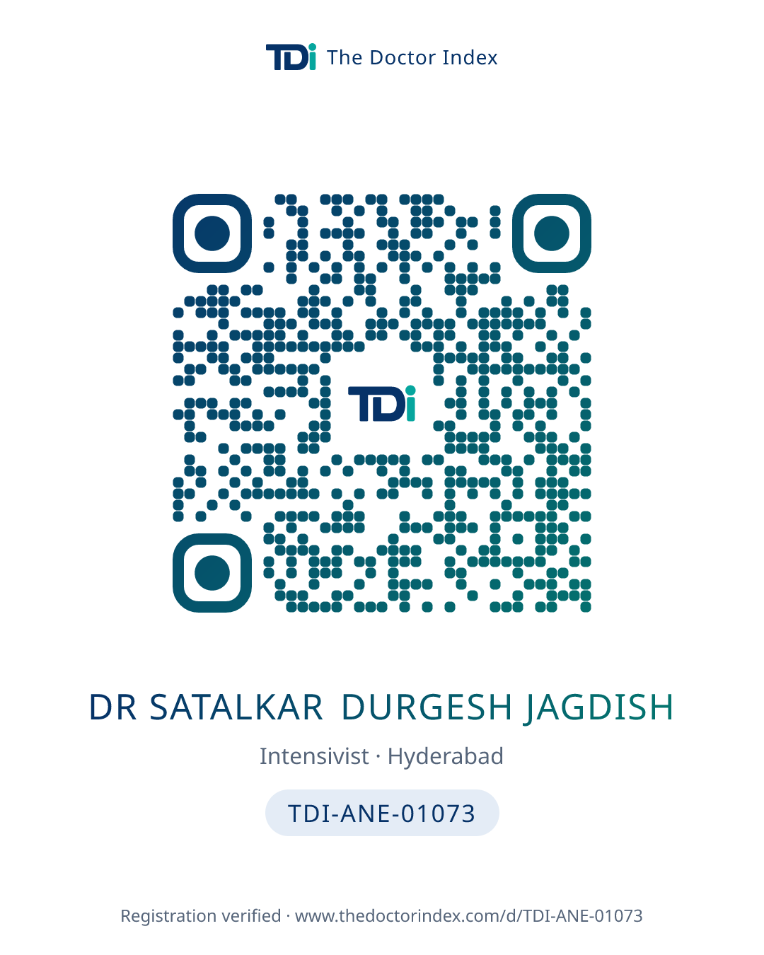 QR card for Dr Satalkar Durgesh Jagdish, TDI-ANE-01073