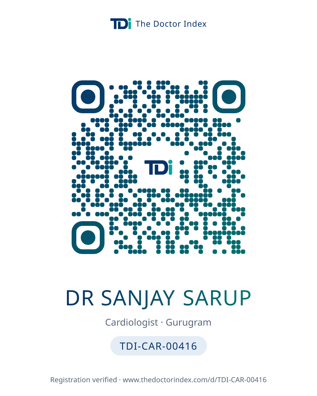 QR card for Dr Sanjay Sarup, TDI-CAR-00416