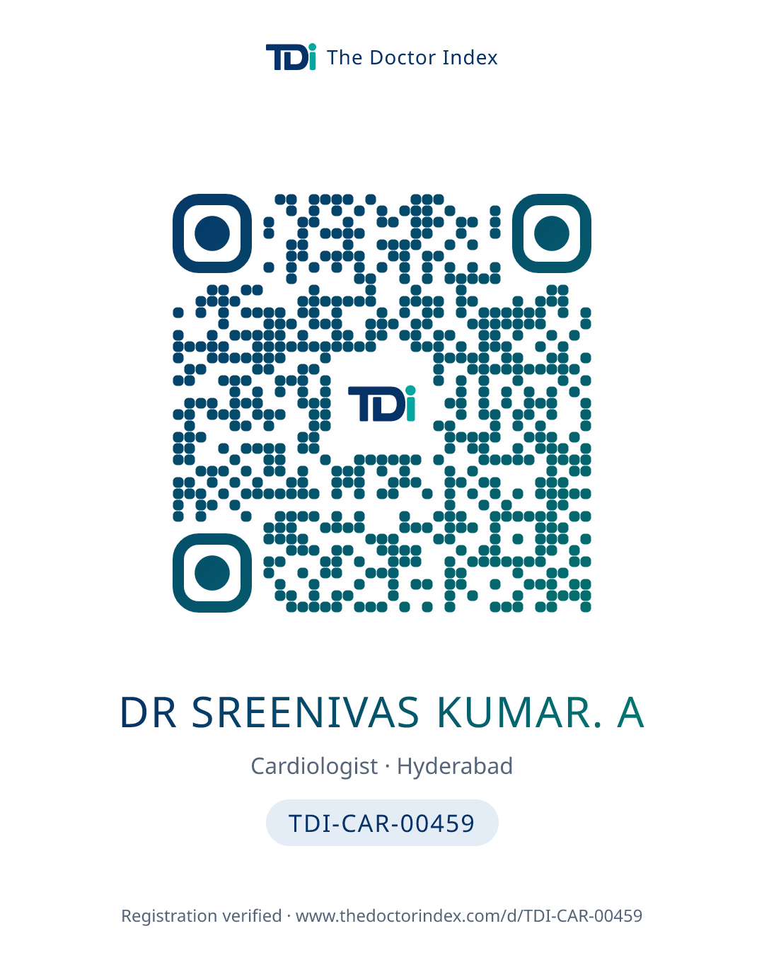 QR card for Dr Sreenivas Kumar. A, TDI-CAR-00459